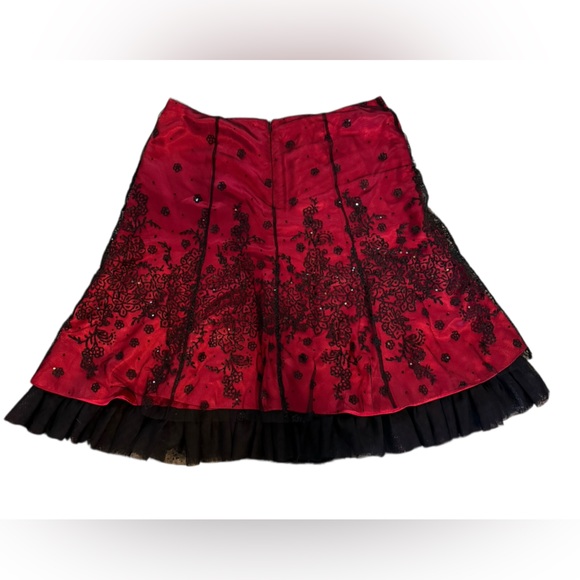 Adrianna Papell Vintage Red Black Goth Floral Sequin Beaded Layer Evening Skirt - Picture 3 of 5